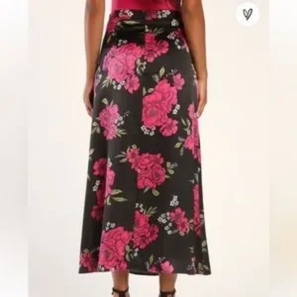 Lulu's Elegant Blossoms Black Floral Print Satin Midi Skirt Lulus - Picture 2 of 6
